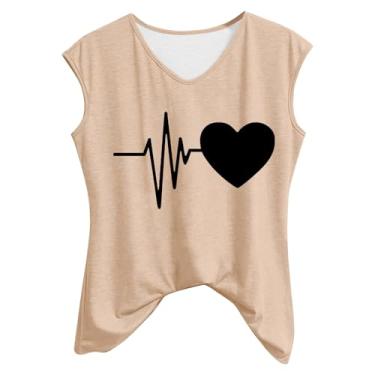 Imagem de Camiseta feminina sem mangas com estampa de coração e gola V sem mangas, A02 Cáqui, M