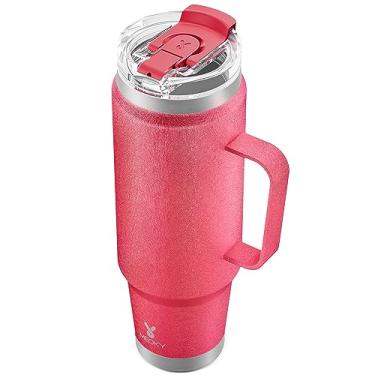 Imagem de Meoky Copo de 1,18 l com alça, caneca de viagem de aço inoxidável com canudo 2 em 1 e tampa de gole, caneca de café isolada a vácuo, 100% à prova de vazamento, mantém fria por 34 horas ou quente por 10 horas (rubi)