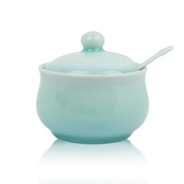 Imagem de Tingyework Saleiro de porcelana com tampa e colher, recipiente de sal de 125 g para temperos e temperos, elegante decoração de balcão de cozinha, celadon chinês (azul marfim)