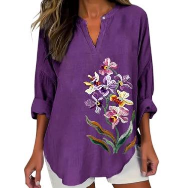 Imagem de Camisetas femininas Alzheimers Awareness de linho verão oversized Henley gola V 2024 camiseta casual blusa gráfica flor roxa, Roxa, G