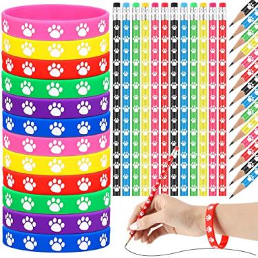 Imagem de Harloon Conjunto de 120 pulseiras de borracha com estampa de pata, pulseiras elásticas de silicone, multicoloridas, lápis de madeira com estampa de pata, lápis de borracha, para material escolar