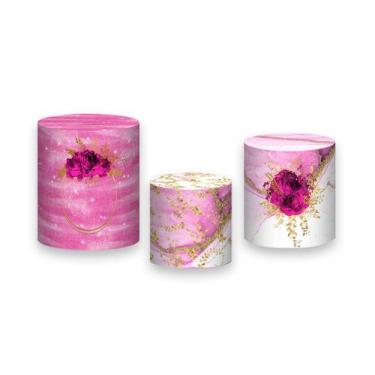 Imagem de Trio de Capas de Cilindro - Efeito Mármore com Flores Pink 058 - Via C