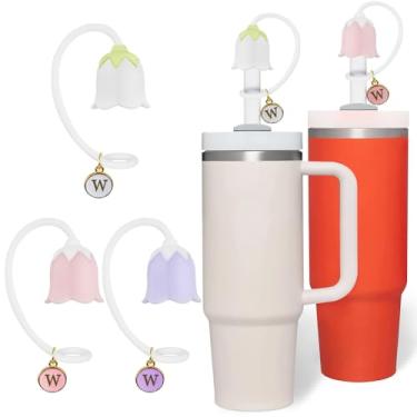 Imagem de Stanley Cup Straw Toppers - 3 peças com pingente de letra, capas de palha de silicone de flor de tulipa para garrafas simples e modernas Yeti Hydroflask 850.5-1,134.0 g
