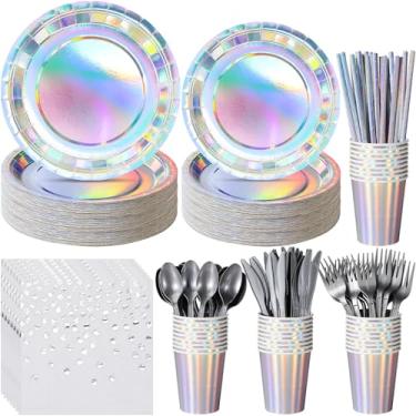 Imagem de Conjunto de pratos e guardanapos de papel iridescente, pratos de papel iridescente descartáveis, facas, colheres, garfo, canudo para festa de casamento de aniversário de sereia, serve 100