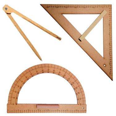 Imagem de Kit Geométrico do Professor Com 1 Transferidor Em MDF 180 Graus + 1 Co