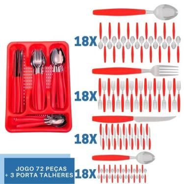 Imagem de Faqueiro 72 Pçs C/ 3 Porta Talheres Vermelho Aço Inox Berlim - EM CASA