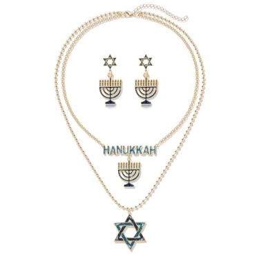 Imagem de LENOOCLE Colar de Hanukkah, brincos femininos com pingente de corrente de Hanukkah, brincos de estrela de Davi, menorá com contas, festivo da luz, presentes de feriado judaico, Zinco, Sem Pedra