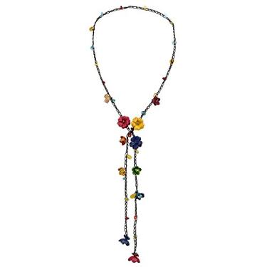 Imagem de AeraVida Colar feminino de 101 cm com pedras florais multicoloridas Boho Lariat cordão de couro feito à mão joia presente colorido hippie praia verão acessório