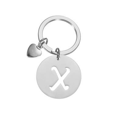 Imagem de PATIKIL Chaveiro de letra inicial, disco de aço inoxidável com pingente A-Z, chaveiro fofo de metal com alfabeto de coração para chaves, bolsa, mochila, prata (X)