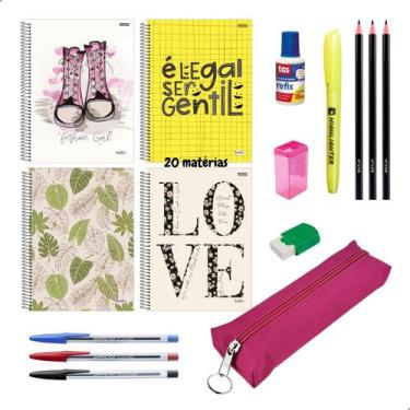 Imagem de Kit Material Escolar Caderno 20 Matérias Estojo + Itens Essenciais - D