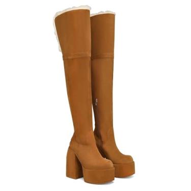Imagem de UNWRBD Botas longas de veludo de 12 cm com sola grossa e plataforma impermeável acima do joelho botas de neve femininas de inverno, Marrom, US6 EU37