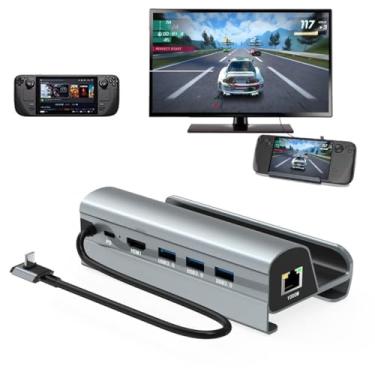 Imagem de Estação de acoplamento 6 em 1 para Steam Deck/ROG Ally/MSI Claw/Legion Go, Steam Deck Dock com HDMI 4K@60Hz, Ethernet de 100 Mbps, USB-A triplo e carga de 100 W compatível com Steam Deck OLED