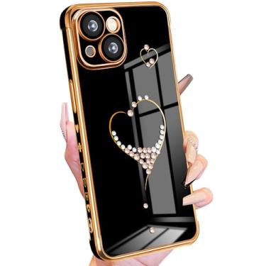 Imagem de Petitian Capa para iPhone 14, capas de telefone lindas para mulheres e meninas com glitter e coração projetadas para iPhone 14, capa de telefone feminina banhada a ouro para 14 pessoas com proteção de câmera preta