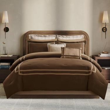Imagem de Wonderful Jogo de edredom Queen, marrom, com toque de lã hidroescovada, estilo hotel, moderno, luxuoso, com lençol de cima, lençol de cima, fronha decorativa para todas as estações