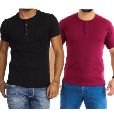 Imagem de Kit 2 Camiseta Henley Canelado Masculina 4 Botões Slim M Curta - J Sil