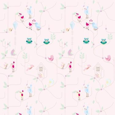 Imagem de Papel De Parede Rosa Coruja E Pássaros Adesivo Infantil Bebe