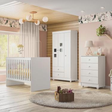 Imagem de Quarto de Bebê 100% mdf Berço com Colchão Cômoda Soft e Guarda Roupa 3 Portas Life