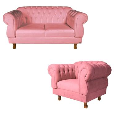 Imagem de Uma Namoradeira de 2 Lugares Elisabeth Capitonê + Uma Poltrona Eisabeth - Suede Rosa / Para Sala Recepção
