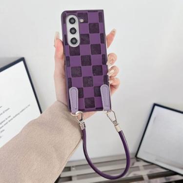 Imagem de Capa de couro PU com alça de pulso xadrez para Samsung Galaxy Z Fold 6 Fold 5 4 Fold 3 5G capa de proteção, roxa, para Samsung Galaxy Z Fold6