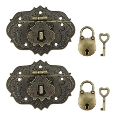 Imagem de Chinflly Conjunto de 2 conjuntos de trava de fecho de caixa antiga, fecho de porta de fivela de ferrolho decorativo de liga de zinco em relevo, caixa de madeira, fivela de móveis, trava de porta para
