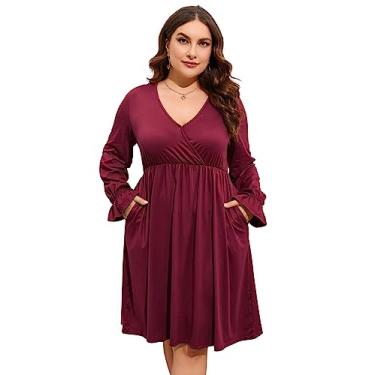 Imagem de ShopWonder Vestido plus size feminino, gola V, evasê, comprimento até o joelho, vestido rodado, plus size, minivestido de festa, Borgonha, GG