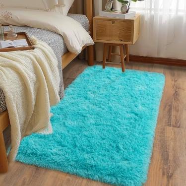 Imagem de Ailyei Tapetes macios para corredores de quarto, 5 x 10 cm azul-petróleo, felpudo, antiderrapante, para cabeceira, dormitório, tapete peludo longo para berçário, sala de estar