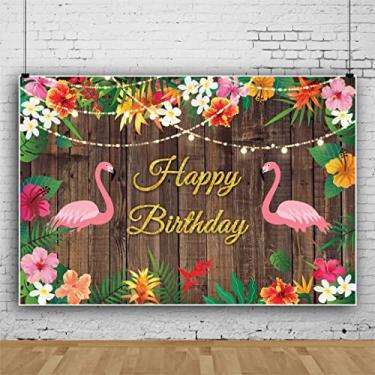 Imagem de DORCEV Pano de fundo fotográfico de feliz aniversário de 6 x 3 m, flor tropical de flamingo rosa em prancha rústica, feminino, menina, natureza, floral, aniversário, festa, bolo, bandeira, retrato