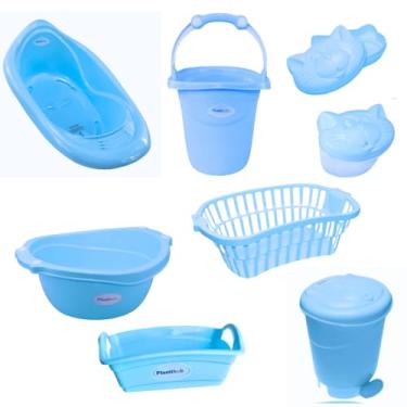 Imagem de Kit banho Bebê 8 Peças Plastibaby Banheira Bacia Lixeira Balde Cesto Organizador Saboneteira e Porta Chupeta (Azul)