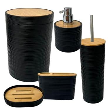 Imagem de Kit Banheiro Elegante em Bambu 5 pc : Lixeira, Escova Sanitária, Saboneteiras e Organizador de escova de dente - Cor: Preto