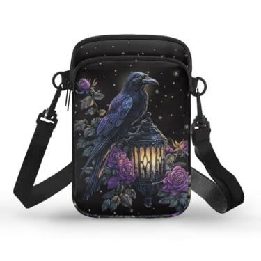 Imagem de YECARYPOD Bolsa para celular, carteira, bolsa transversal, leve, espaçosa, bolsos para smartphone e braçadeira esportiva, Corvo floral, One Size