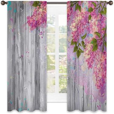 Imagem de Cortinas blecaute de flores para quarto - Cortinas escurecidas com isolamento térmico para sala de estar, L 132 x C 150 cm cinza e rosa