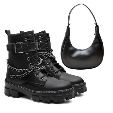 Imagem de Kit Bota Feminina Coturno Anna Andrade Tratorado Casual Cano Baixo Corrente Tendência e Bolsa Preto  feminino