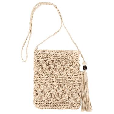 Imagem de DODAMOUR Bolsa transversal horizontal de tecido de palha com borla de contas, praia atenciosa ou companheiro de férias, pequena bolsa de viagem para chaves, batom ou cartões (bege)