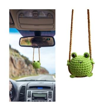 Imagem de LKAHG Ornamento para pendurar espelho de carro, sapo balançante de crochê feito à mão, acessórios de pingente de espelho retrovisor, decoração de pingente de interior de veículo fofo, universal para