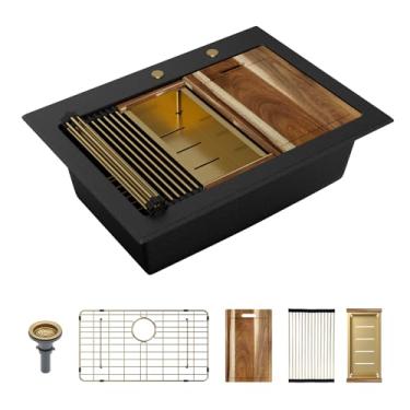 Imagem de Sarlai Pia de cozinha preta composta de 30 granitos – 76,2 cm x 55,88 cm com borda para pia de cozinha, estação de trabalho, granito preto, quartzo, compósito, pia, pia única com acessórios dourados