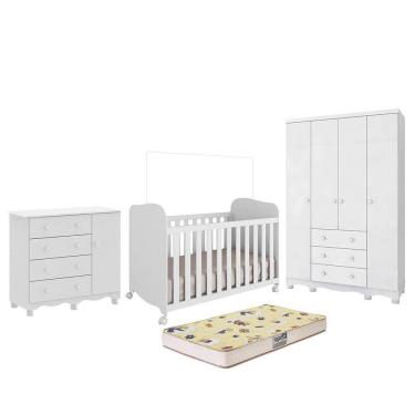 Imagem de Dormitório Júnior Guarda Roupa 4 Portas, Cômoda 1 Porta e Berço Uli com Colchão Supreme - Móveis Peroba