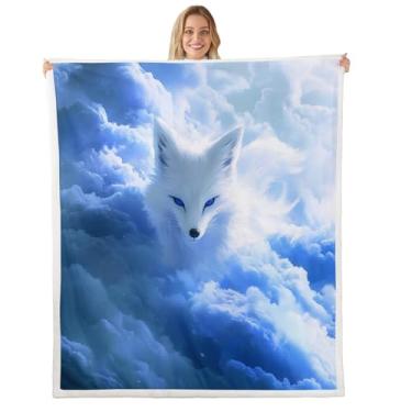 Imagem de Cobertor infantil raposa estilo japonês, cobertor de cama psicodélico céu nuvem para meninos e meninas, cobertor de lã de natureza tripla de animais selvagens, cobertor felpudo azul e branco, tamanho