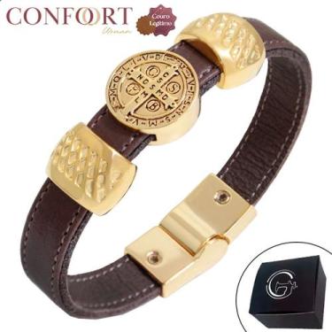 Imagem de Pulseira Couro São Bento Marrom Cruz Sagrada Seja Minha Luz Magnética 