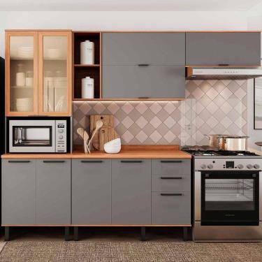 Imagem de Armário De Cozinha Castanha 2700mm Paneleiro E Balcão Com Vidro 4 Peças - Cinza/freijó