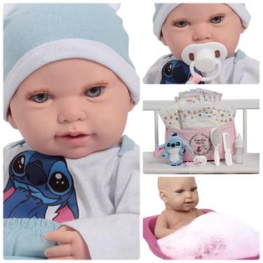 Imagem de Boneca Reborn Menina Olhos Claros Roupa Stitch Fofinha - Cegonha Rebor