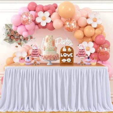 Imagem de Albassa Saia de mesa de poliéster para mesas retangulares, toalha de mesa plissada resistente a amassados para banquete, casamento, chá de bebê, mesa de jantar de presente de exibição (branca, 1,82 m,