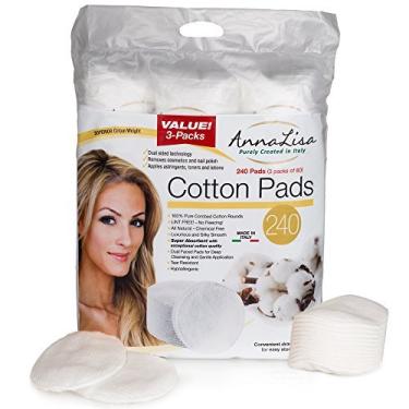 Imagem de AnnaLisa 100% puro algodão penteado arredonda 3 pacotes de 80 almofadas de algodão hipoalergênicas e absorventes para remoção de rosto / maquiagem/esmalte | 240 peças de limpeza facial arredondada italiana|