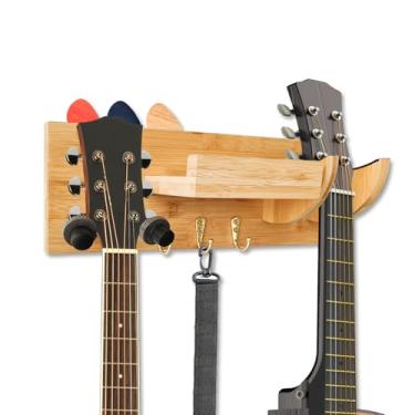 Imagem de EASIDAYFAN Suporte de parede para guitarra com gancho cabide de madeira com suporte de palheta Suporte de guitarra de bambu para acústico, elétrico, baixo, ukulele, acessórios