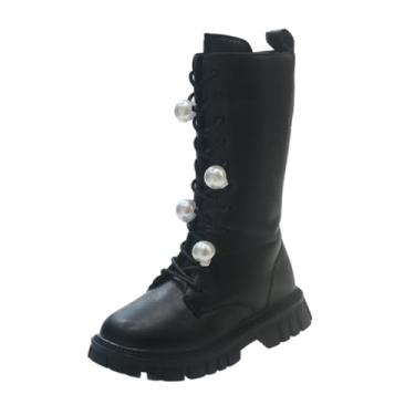 Imagem de Botas de inverno de cano alto com cadarço de couro para meninas pequenas botas de equitação de combate de cano médio preto (bebê/criança pequena/criança grande), Preto, 11.5 Little Kid