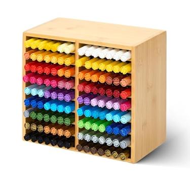 Imagem de MEEDEN Organizador de suporte de marcador de bambu: comporta 126 canetas com 18 compartimentos - armazenamento de materiais de arte e suporte para marcadores de álcool, canetas, lápis