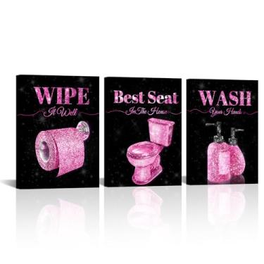 Imagem de FuShvre Arte de parede de banheiro rosa glamourosa imagens de banheiro decoração de parede pano de lavagem melhores placas de assento pintura tela fundo preto emoldurado 30 x 40 cm cada (rosa)