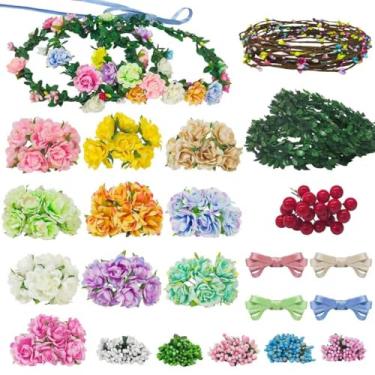 Imagem de Kit de fabricação de coroas de flores, 20 conjuntos faça sua própria coroa de flores, kit de fabricação de coroas de rosas desabrochando, faixa de cabeça e pulseira, faça você mesmo, coroa floral