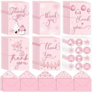 Imagem de Tenceur 100 conjuntos de cartões de agradecimento de Natal rosa de 15 x 10 cm com envelope e adesivo em aquarela floco de neve em branco cartões de felicitações para casamento, nupcial, festa de