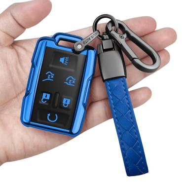 Imagem de Sindeda Capa para chaveiro Chevrolet com chaveiro capa de chave macia de proteção total compatível com Colorado Silverado Suburban Tahoe GMC Canyon Sierra 1500 2500 3500 HD 6 botões (azul)