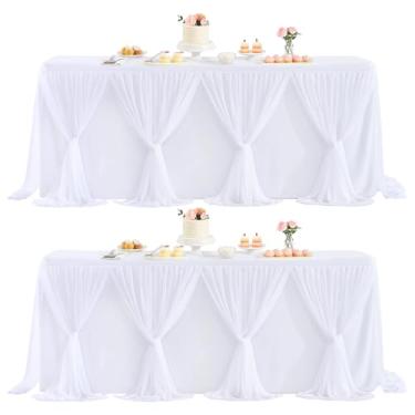 Imagem de Toalha de mesa de tule branca pacote com 2 capas de mesa esticáveis cruzadas, 3 lados para casamento, aniversário, decoração de festa, banquete, chá de panela, serve para mesas retangulares de 1,2 m